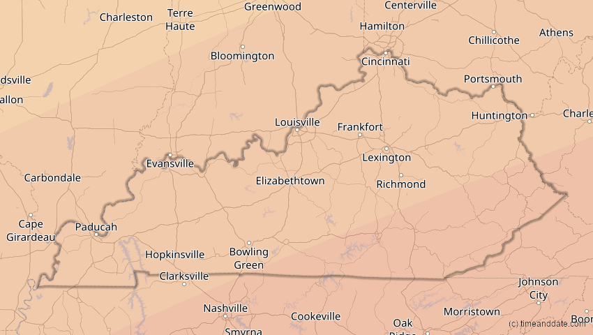 A map of Kentucky, USA, showing the path of the 30. Mär 2052 Totale Sonnenfinsternis