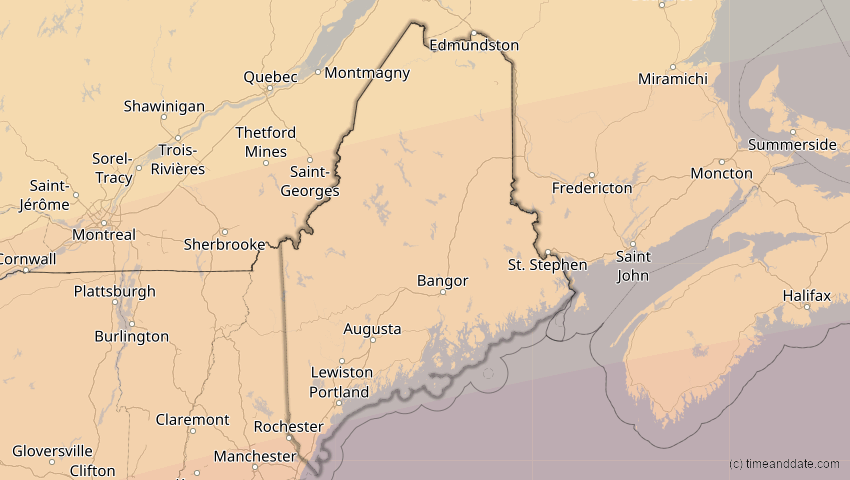 A map of Maine, USA, showing the path of the 30. Mär 2052 Totale Sonnenfinsternis