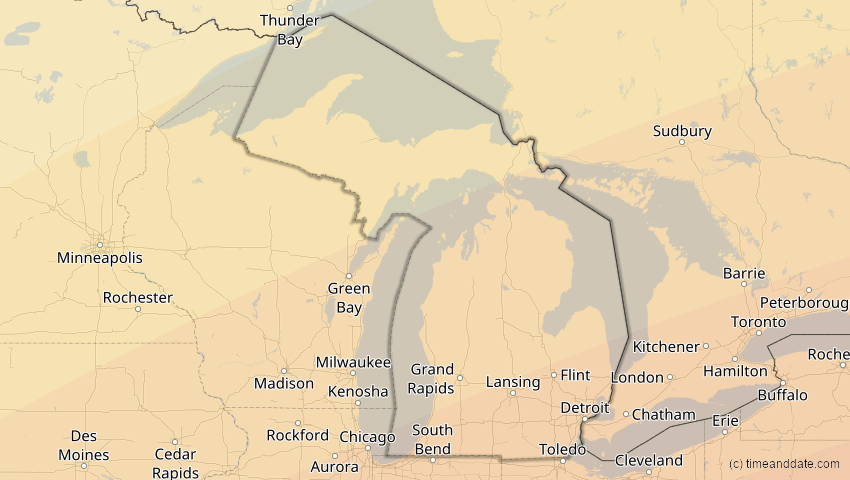 A map of Michigan, USA, showing the path of the 30. Mär 2052 Totale Sonnenfinsternis