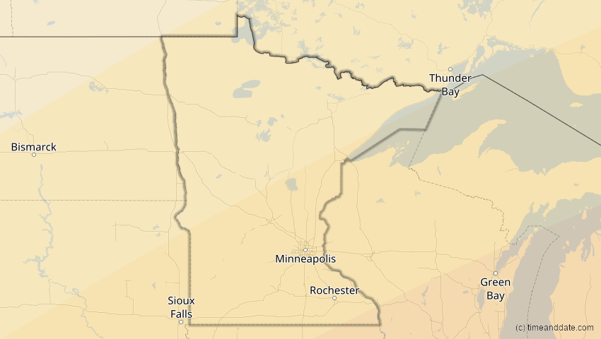 A map of Minnesota, USA, showing the path of the 30. Mär 2052 Totale Sonnenfinsternis
