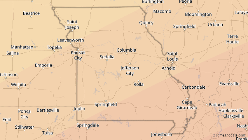 A map of Missouri, USA, showing the path of the 30. Mär 2052 Totale Sonnenfinsternis