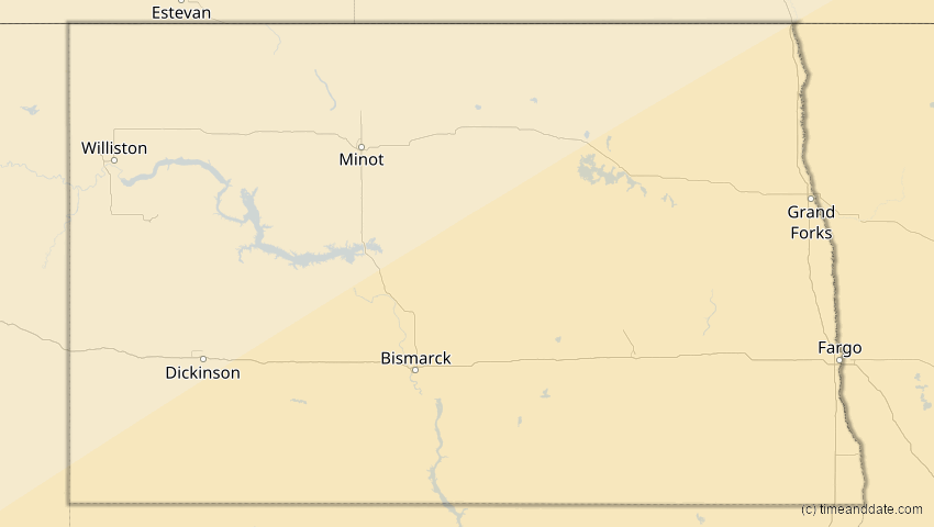 A map of North Dakota, USA, showing the path of the 30. Mär 2052 Totale Sonnenfinsternis