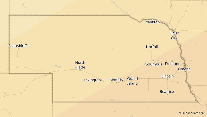 A map of Nebraska, USA, showing the path of the 30. Mär 2052 Totale Sonnenfinsternis