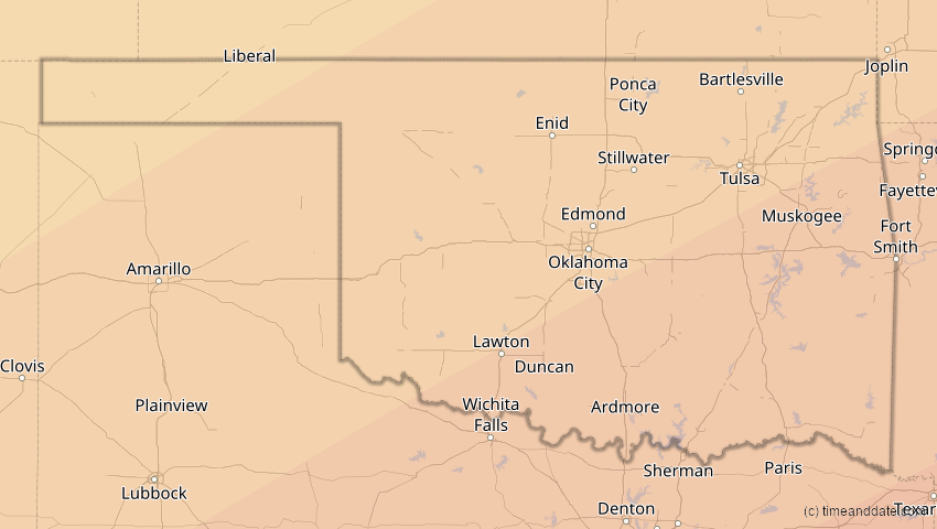 A map of Oklahoma, USA, showing the path of the 30. Mär 2052 Totale Sonnenfinsternis