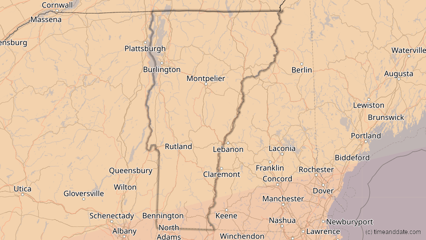 A map of Vermont, USA, showing the path of the 30. Mär 2052 Totale Sonnenfinsternis
