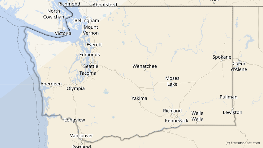 A map of Washington, USA, showing the path of the 30. Mär 2052 Totale Sonnenfinsternis