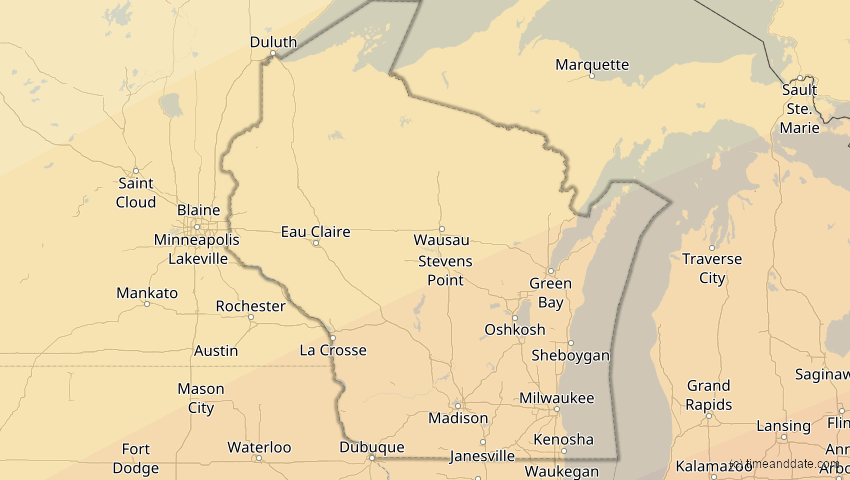 A map of Wisconsin, USA, showing the path of the 30. Mär 2052 Totale Sonnenfinsternis
