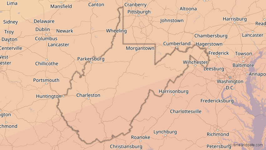 A map of West Virginia, USA, showing the path of the 30. Mär 2052 Totale Sonnenfinsternis