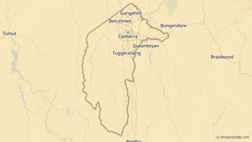 A map of Australian Capital Territory, Australien, showing the path of the 23. Sep 2052 Ringförmige Sonnenfinsternis