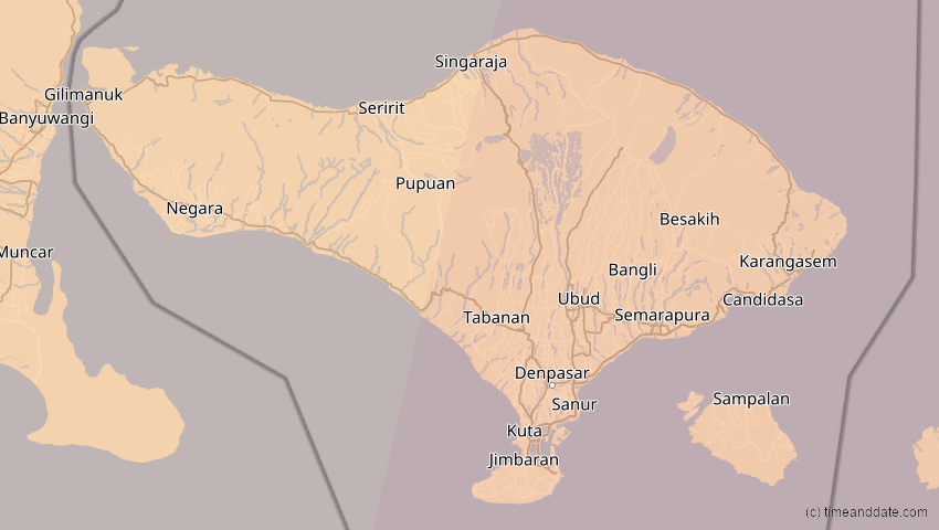A map of Bali, Indonesien, showing the path of the 23. Sep 2052 Ringförmige Sonnenfinsternis