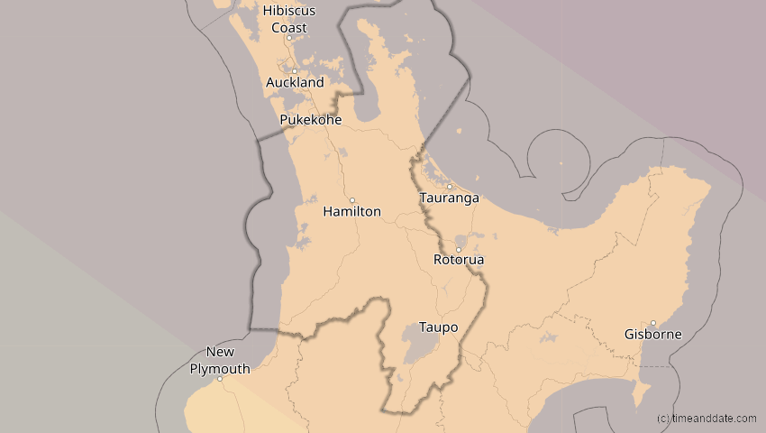 A map of Waikato, Neuseeland, showing the path of the 23. Sep 2052 Ringförmige Sonnenfinsternis