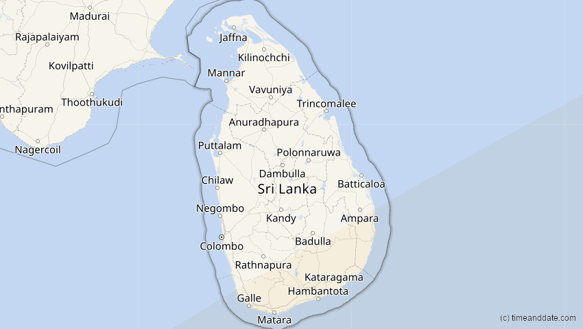 A map of Sri Lanka, showing the path of the 20. Mär 2053 Ringförmige Sonnenfinsternis