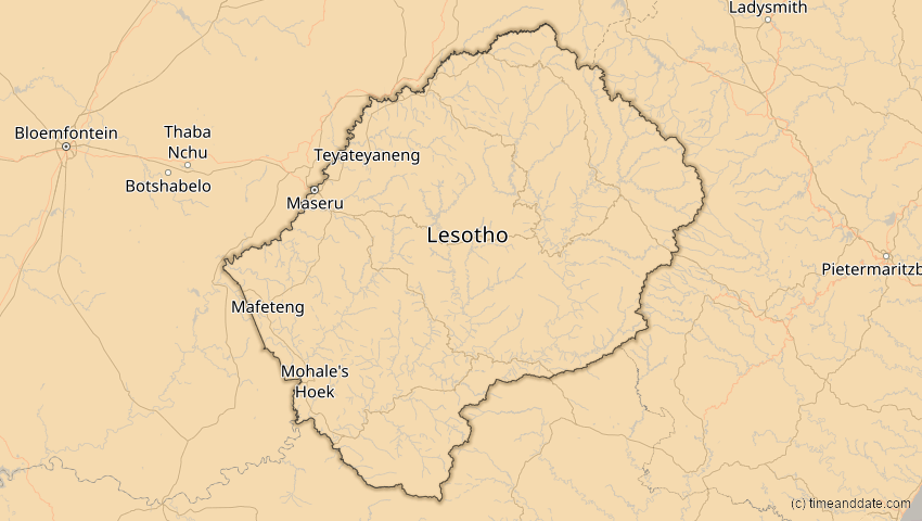 A map of Lesotho, showing the path of the 20. Mär 2053 Ringförmige Sonnenfinsternis