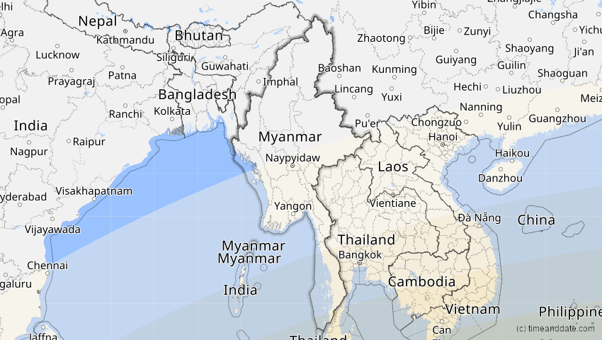 A map of Myanmar, showing the path of the 20. Mär 2053 Ringförmige Sonnenfinsternis