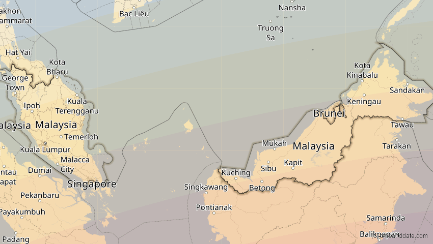A map of Malaysia, showing the path of the 20. Mär 2053 Ringförmige Sonnenfinsternis