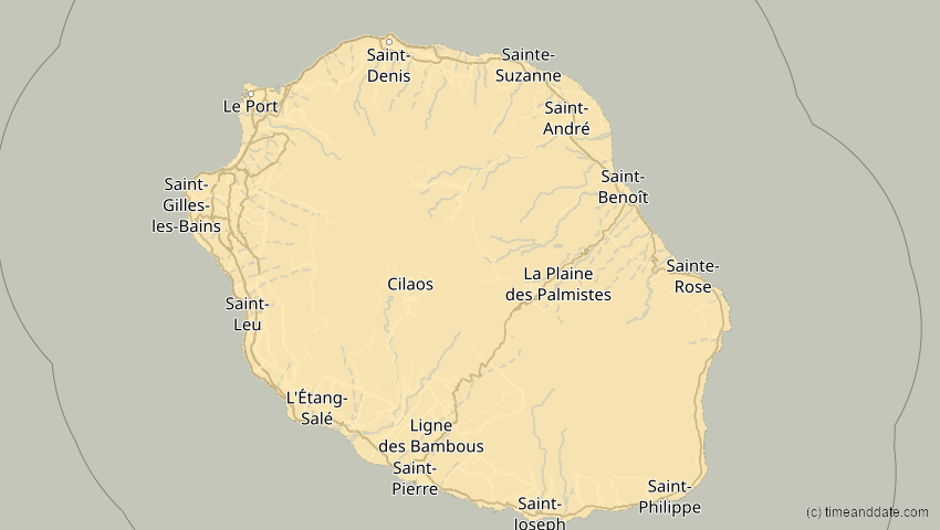 A map of Réunion, showing the path of the 20. Mär 2053 Ringförmige Sonnenfinsternis