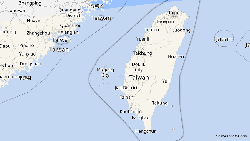A map of Taiwan, showing the path of the 20. Mär 2053 Ringförmige Sonnenfinsternis