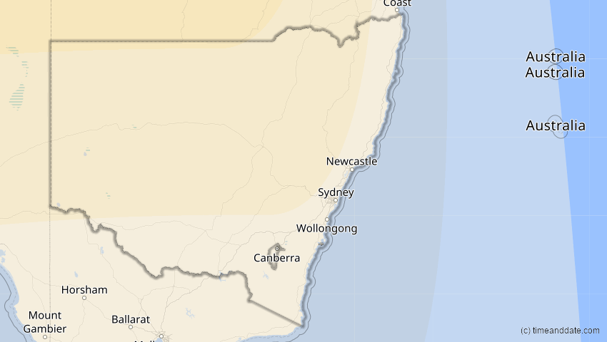 A map of New South Wales, Australien, showing the path of the 20. Mär 2053 Ringförmige Sonnenfinsternis
