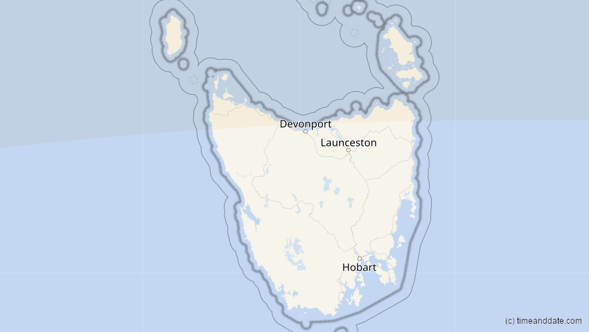 A map of Tasmanien, Australien, showing the path of the 20. Mär 2053 Ringförmige Sonnenfinsternis