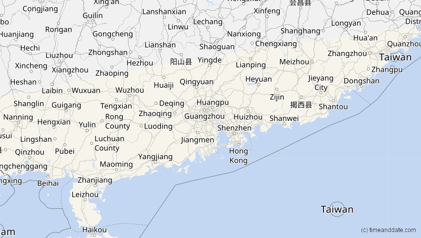 A map of Guangdong, China, showing the path of the 20. Mär 2053 Ringförmige Sonnenfinsternis