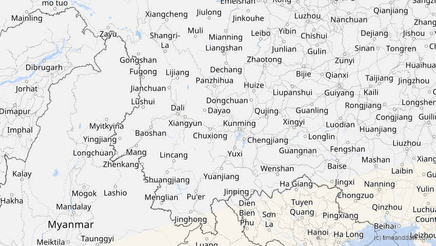 A map of Yunnan, China, showing the path of the 20. Mär 2053 Ringförmige Sonnenfinsternis