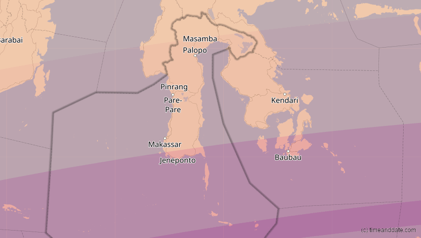 A map of Sulawesi Selatan, Indonesien, showing the path of the 20. Mär 2053 Ringförmige Sonnenfinsternis