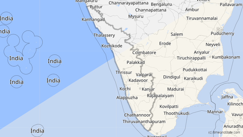 A map of Kerala, Indien, showing the path of the 20. Mär 2053 Ringförmige Sonnenfinsternis