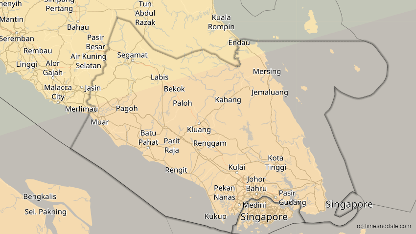 A map of Johor, Malaysia, showing the path of the 20. Mär 2053 Ringförmige Sonnenfinsternis