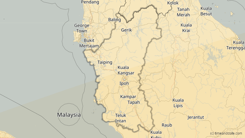 A map of Perak, Malaysia, showing the path of the 20. Mär 2053 Ringförmige Sonnenfinsternis
