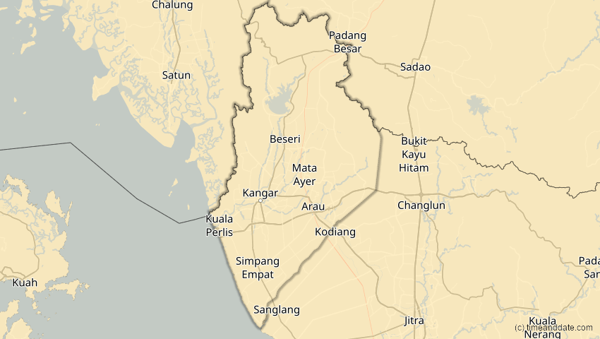A map of Perlis, Malaysia, showing the path of the 20. Mär 2053 Ringförmige Sonnenfinsternis