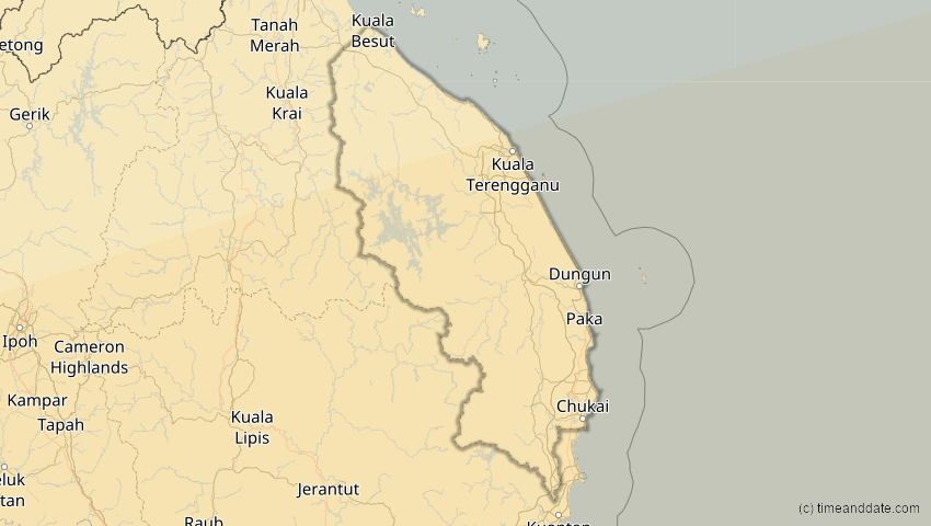 A map of Terengganu, Malaysia, showing the path of the 20. Mär 2053 Ringförmige Sonnenfinsternis