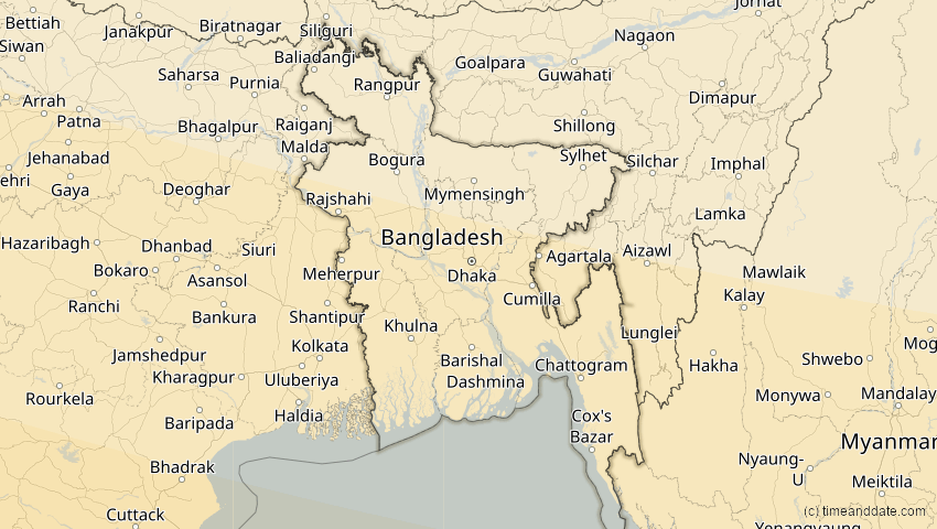 A map of Bangladesch, showing the path of the 12. Sep 2053 Totale Sonnenfinsternis