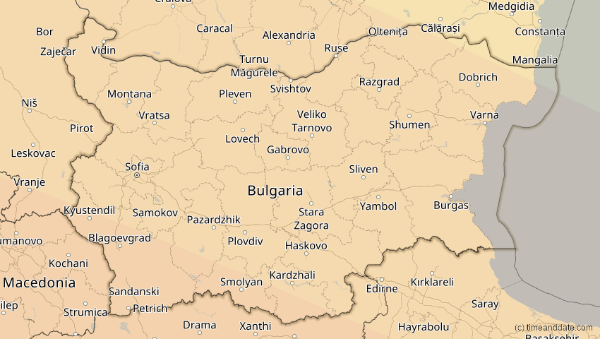 A map of Bulgarien, showing the path of the 12. Sep 2053 Totale Sonnenfinsternis