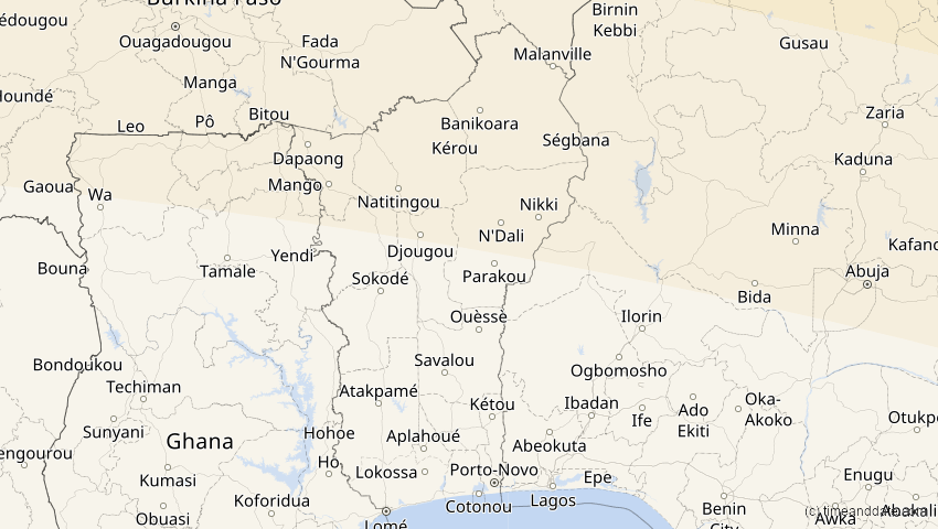 A map of Benin, showing the path of the 12. Sep 2053 Totale Sonnenfinsternis