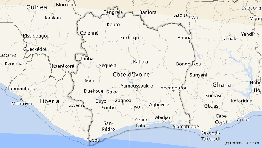 A map of Elfenbeinküste (Côte d'Ivoire), showing the path of the 12. Sep 2053 Totale Sonnenfinsternis