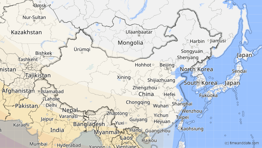 A map of China, showing the path of the 12. Sep 2053 Totale Sonnenfinsternis