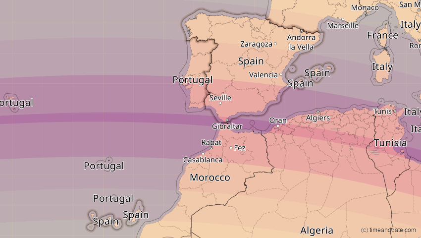 A map of Spanien, showing the path of the 12. Sep 2053 Totale Sonnenfinsternis