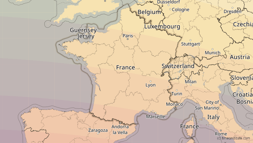 A map of Frankreich, showing the path of the 12. Sep 2053 Totale Sonnenfinsternis