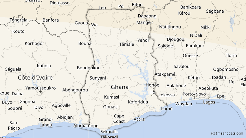 A map of Ghana, showing the path of the 12. Sep 2053 Totale Sonnenfinsternis