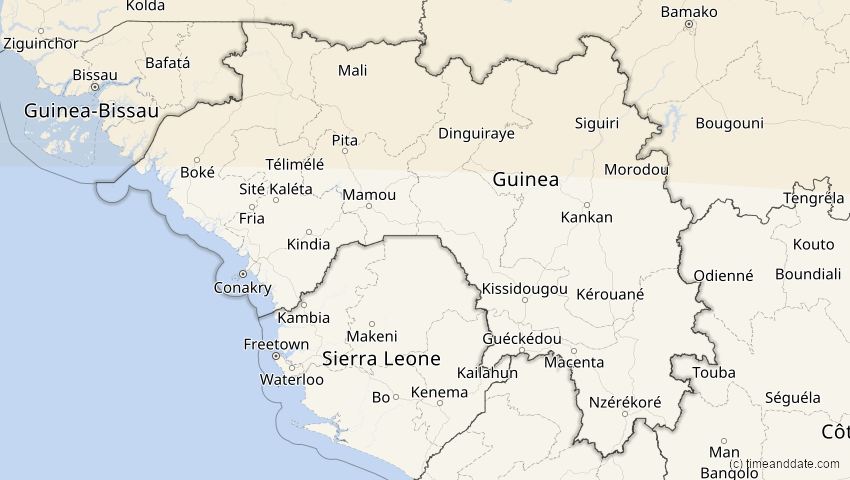 A map of Guinea, showing the path of the 12. Sep 2053 Totale Sonnenfinsternis
