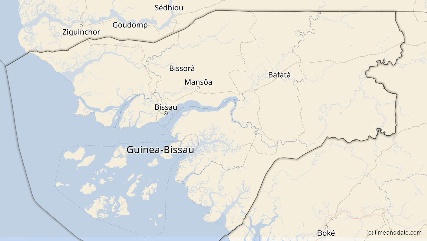A map of Guinea-Bissau, showing the path of the 12. Sep 2053 Totale Sonnenfinsternis