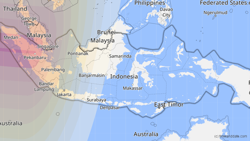 A map of Indonesien, showing the path of the 12. Sep 2053 Totale Sonnenfinsternis