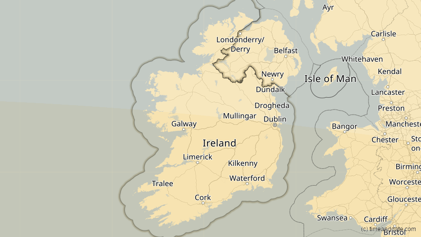 A map of Irland, showing the path of the 12. Sep 2053 Totale Sonnenfinsternis