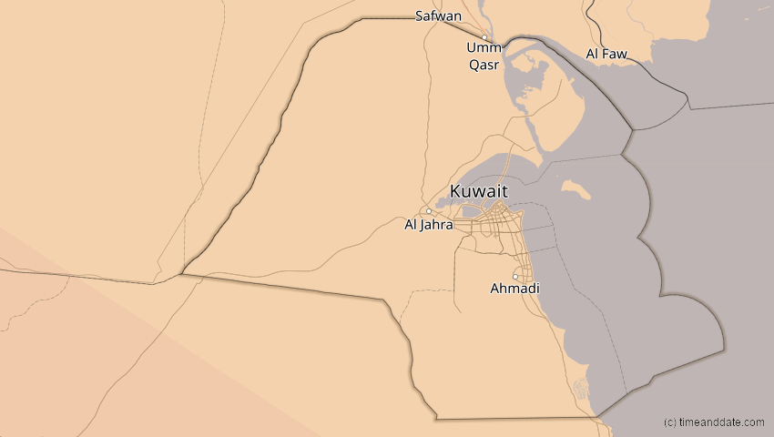 A map of Kuwait, showing the path of the 12. Sep 2053 Totale Sonnenfinsternis