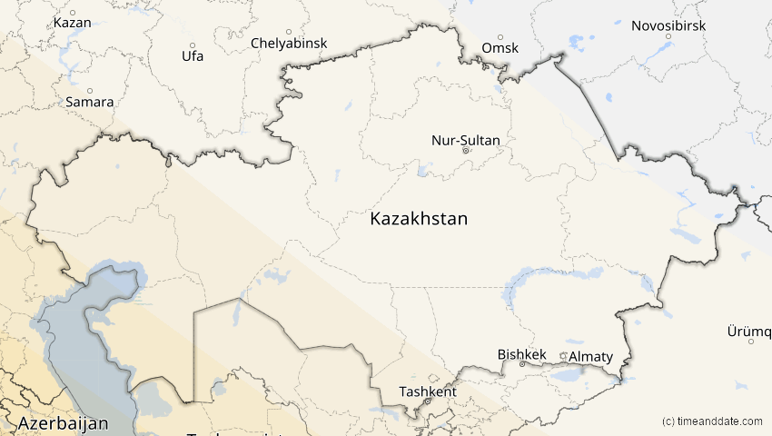 A map of Kasachstan, showing the path of the 12. Sep 2053 Totale Sonnenfinsternis