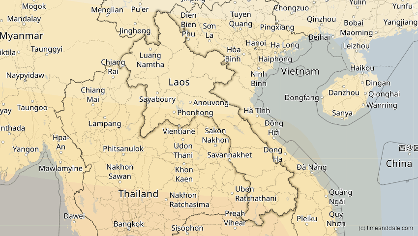 A map of Laos, showing the path of the 12. Sep 2053 Totale Sonnenfinsternis