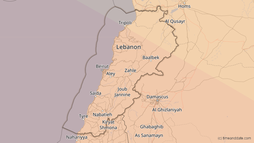 A map of Libanon, showing the path of the 12. Sep 2053 Totale Sonnenfinsternis