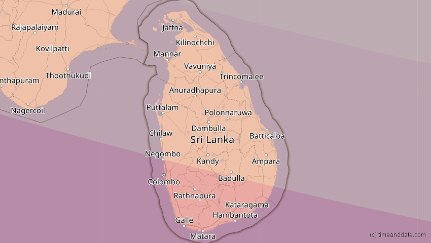 A map of Sri Lanka, showing the path of the 12. Sep 2053 Totale Sonnenfinsternis