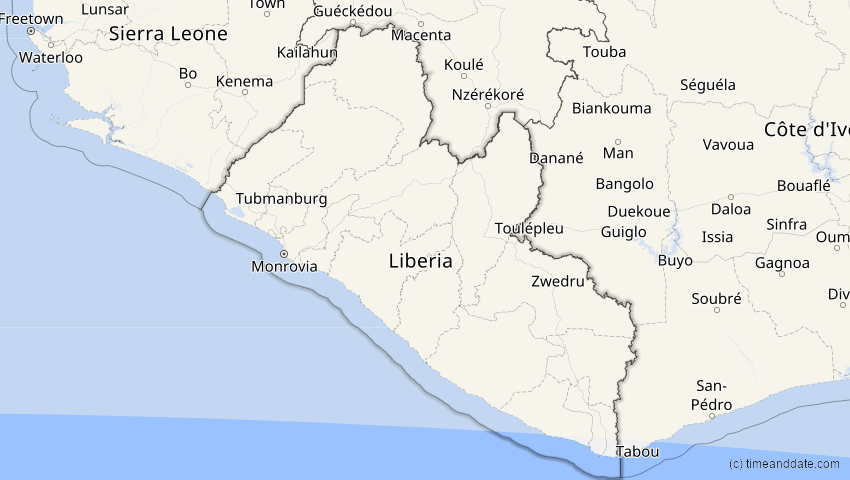 A map of Liberia, showing the path of the 12. Sep 2053 Totale Sonnenfinsternis