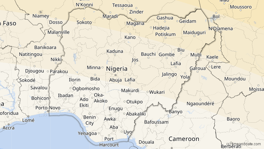 A map of Nigeria, showing the path of the 12. Sep 2053 Totale Sonnenfinsternis